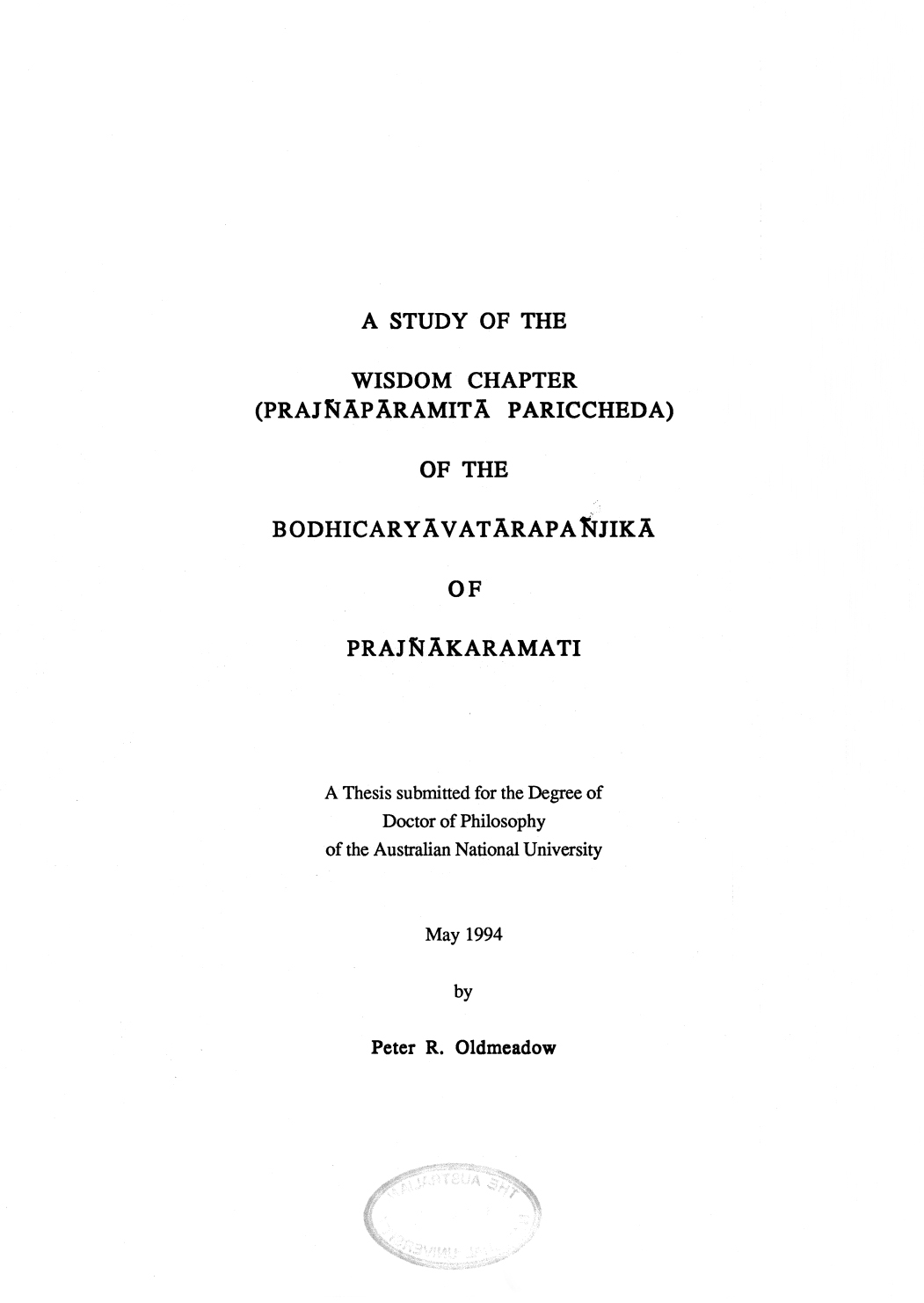 A Study of the Wisdom Chapter (Prajñāpāramitā Pariccheda) of the Bodhicaryāvatārapañjikā of Prajñākaramati-front.jpg