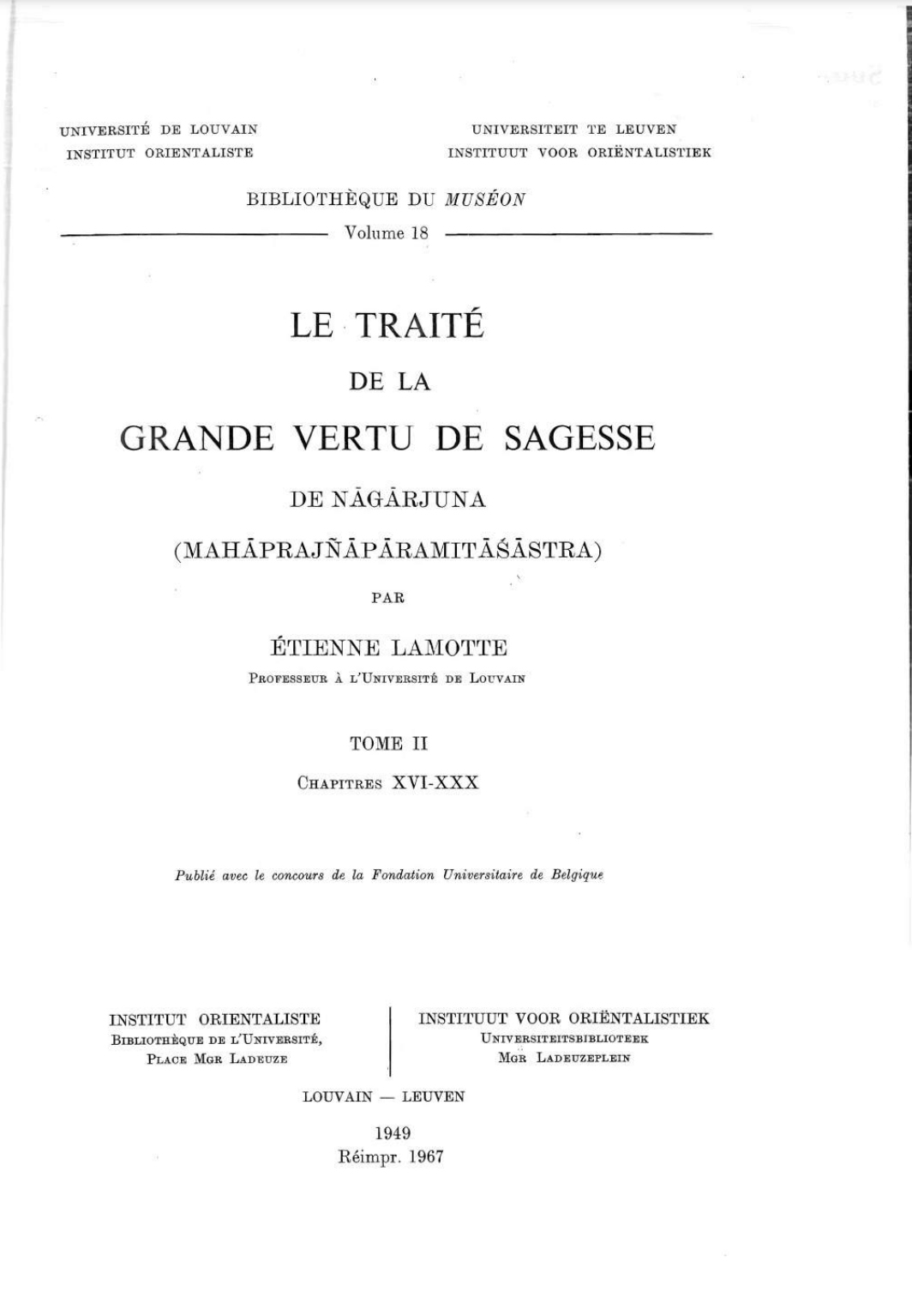 Le Traité de la grande vertu de sagesse de Nāgārjuna (Mahāprajñāpāramitāśāstra) Vol. 2 Lamotte 1967-front.jpg