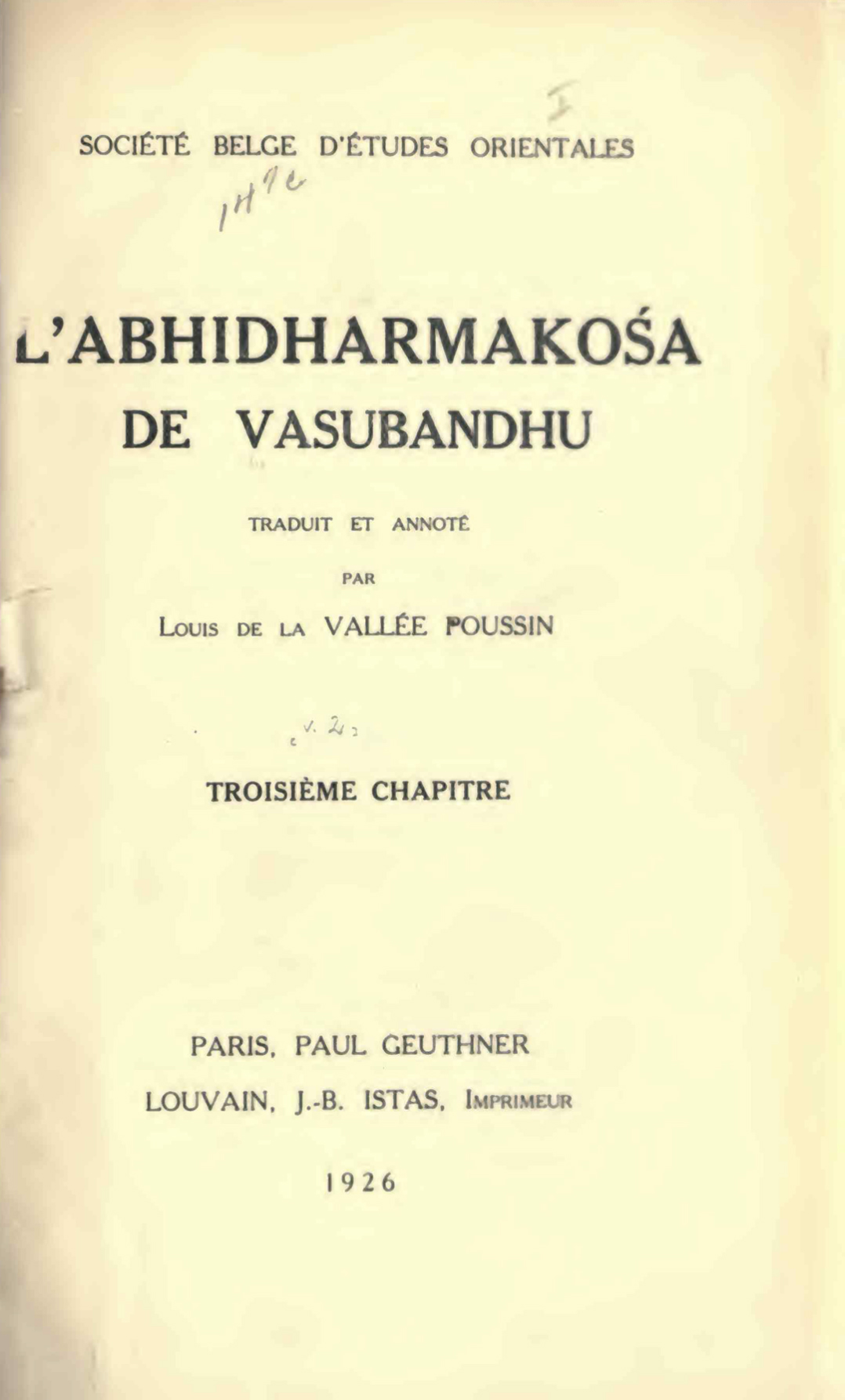 L'Abhidarmakośa de Vasubandhu Troisième Chapitre 1926-front.jpg