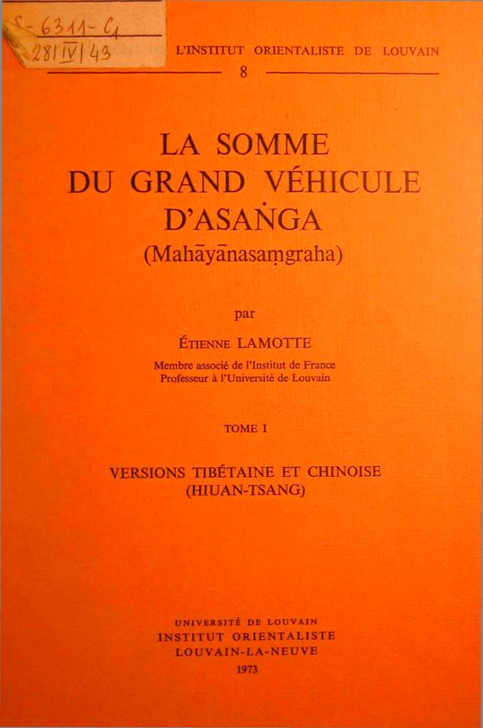 La Somme du Grand Vehicule d Asaṅga Vol. 1 (Lamotte 1973)-front.jpg