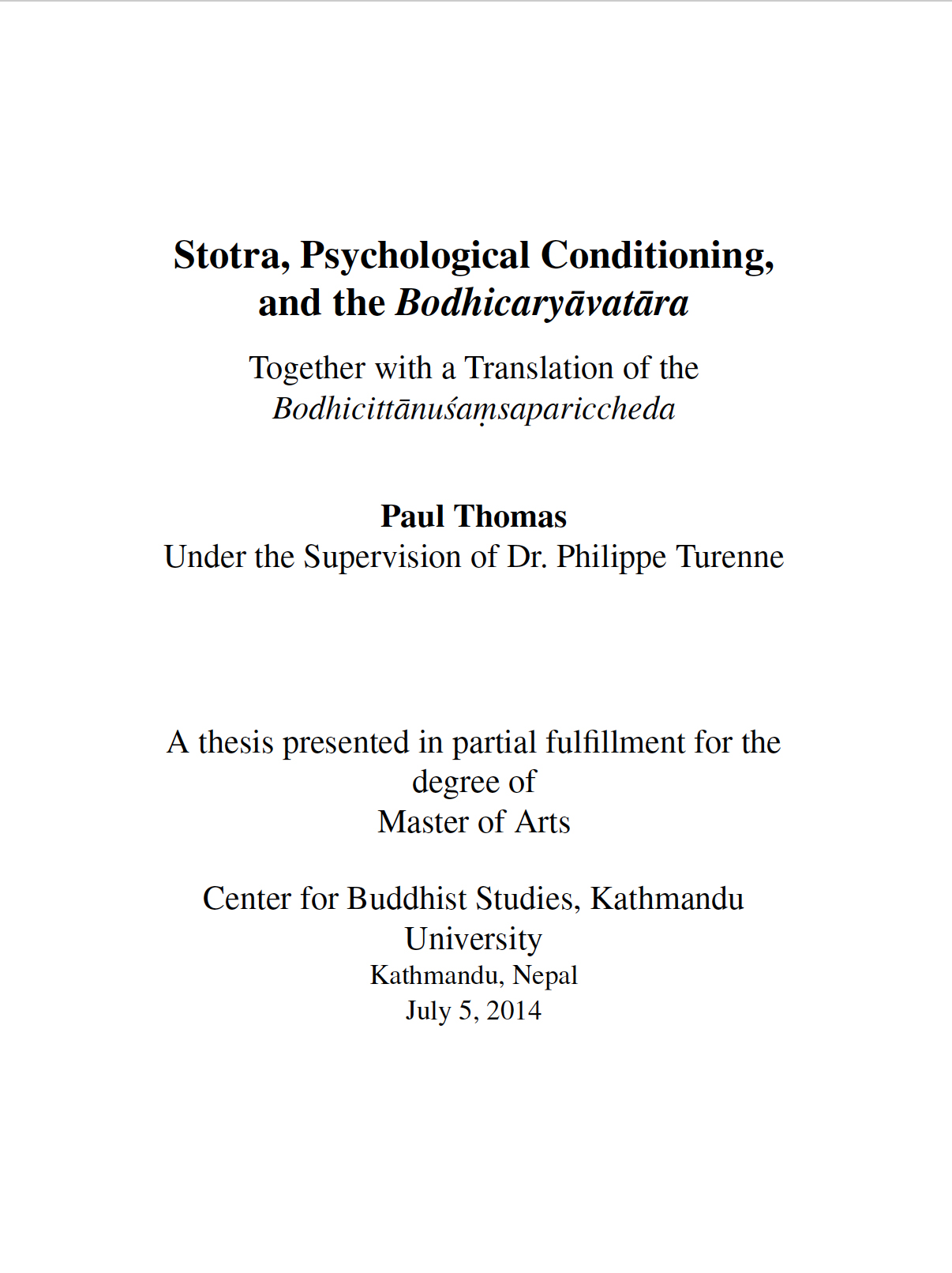 Stotra Psychological Conditioning and the Bodhicaryāvatāra- Together with a Translation of the Bodhicittānuśaṃsapariccheda-front.jpg