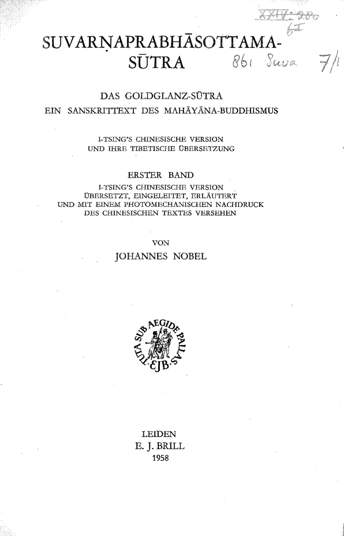 Suvarṇaprabhāsottamasūtra Nobel Vol. 1-front.jpg