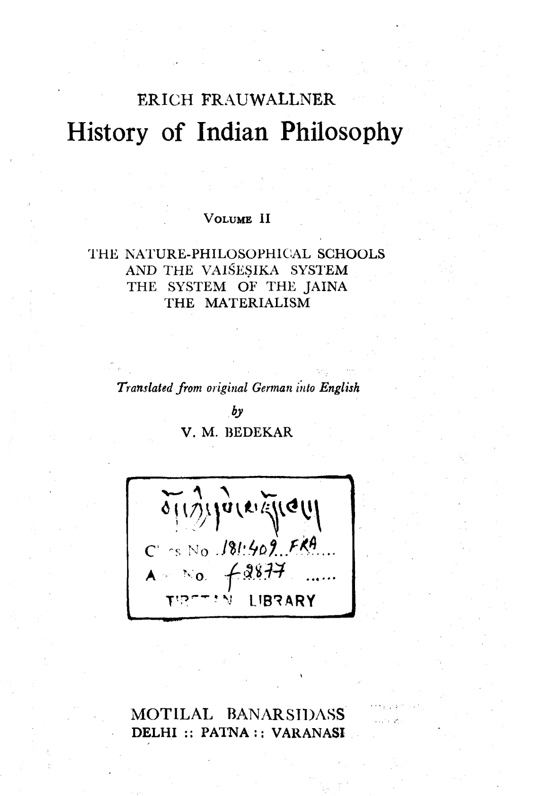 History of Indian Philosophy Vol. 2 Bedekar-front.jpg