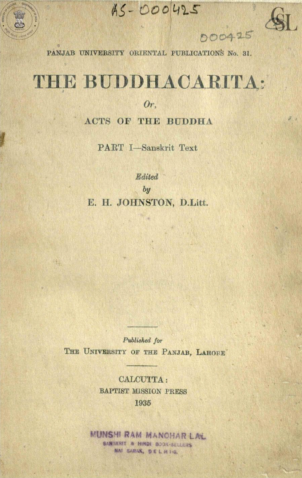The Buddhacarita or Acts of the Buddha Vol 1 Sanskrit Text 1935-front.jpg