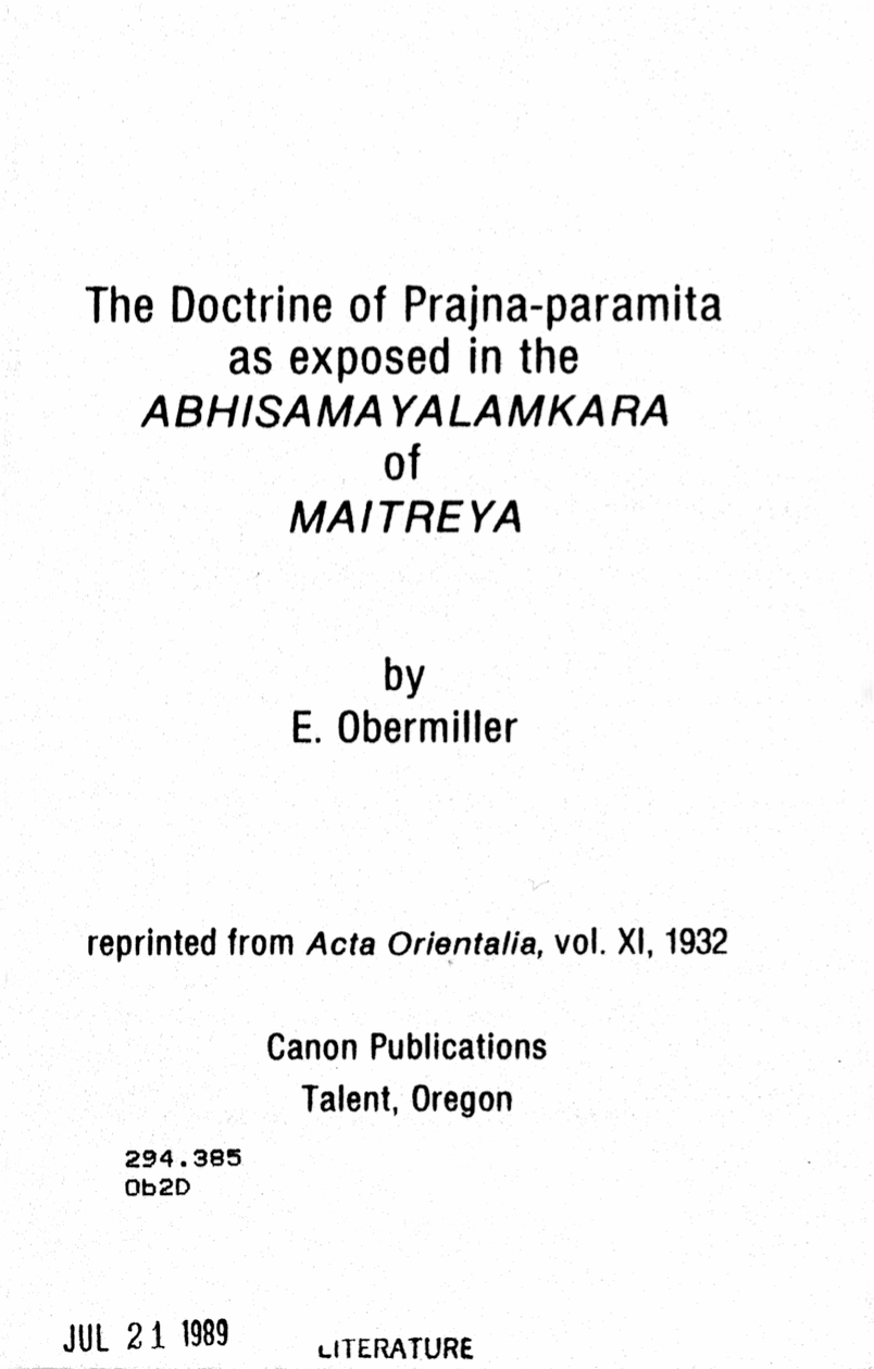 The Doctrine of Prajna-paramita as exposed in the Abhisamayalamkara 1984-front.jpg