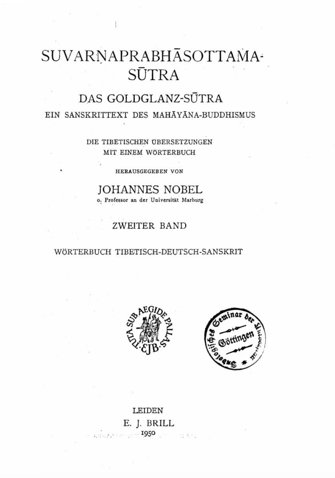 Suvarṇaprabhāsottama-Sūtra Das Goldglanz-Sūtra Vol 2 Nobel 1950-front.jpg
