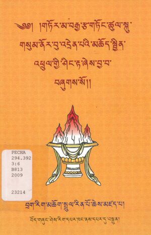 Gtor ma brgya rtsa gtong tshul sku gsum nor bu 'dren pa'i mchod sbyin 'phrul gyi shing rta zhes bya ba (Sherig Parkhang 2009)-front.jpg