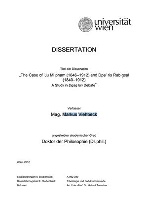 Viehbeck Markus 2012 The Case of ’Ju Mi pham (1846–1912) and Dpa’ ris Rab gsal (1840–1912) A Study in Dgag lan Debate PhD Diss University of Vienna.jpg